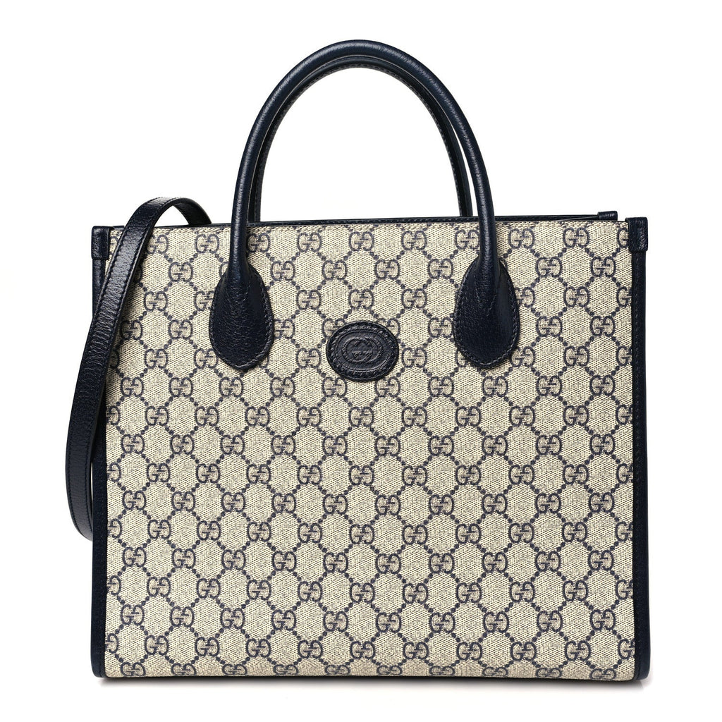 GG Supreme Monogram Textured Dollar Calfskin Small Retro Interlocking G Tote Bag Beige Blue