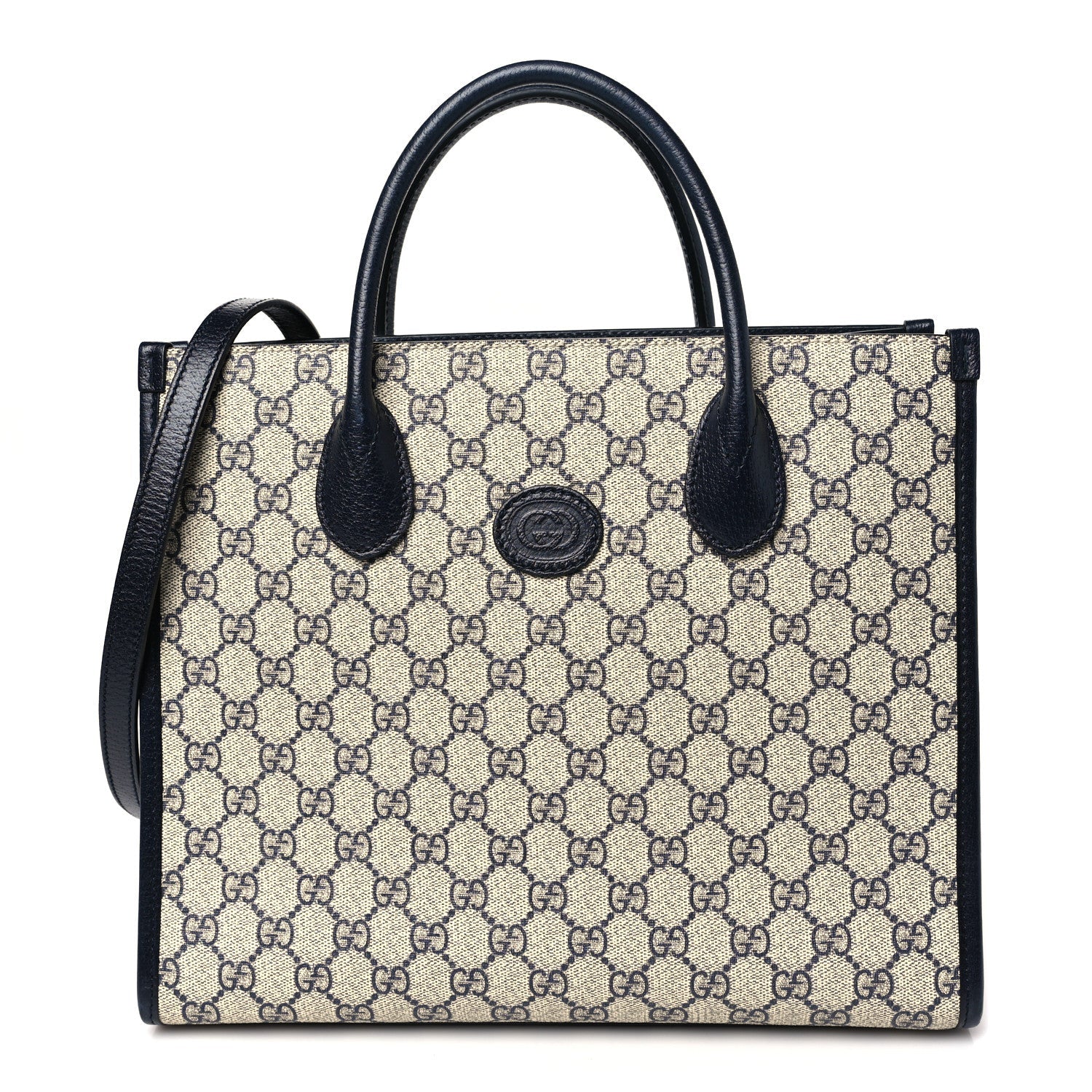 GG Supreme Monogram Textured Dollar Calfskin Small Retro Interlocking G Tote Bag Beige Blue