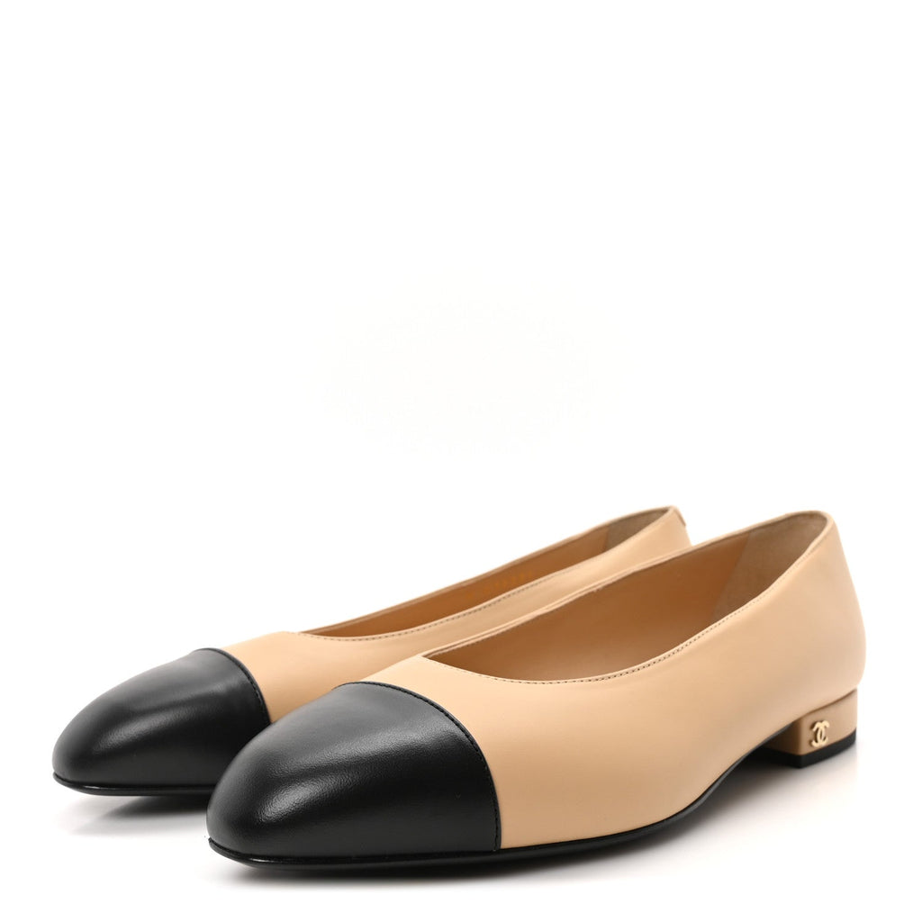 Lambskin Cap Toe CC Uniform Ballerina Flats 37.5 Beige Black