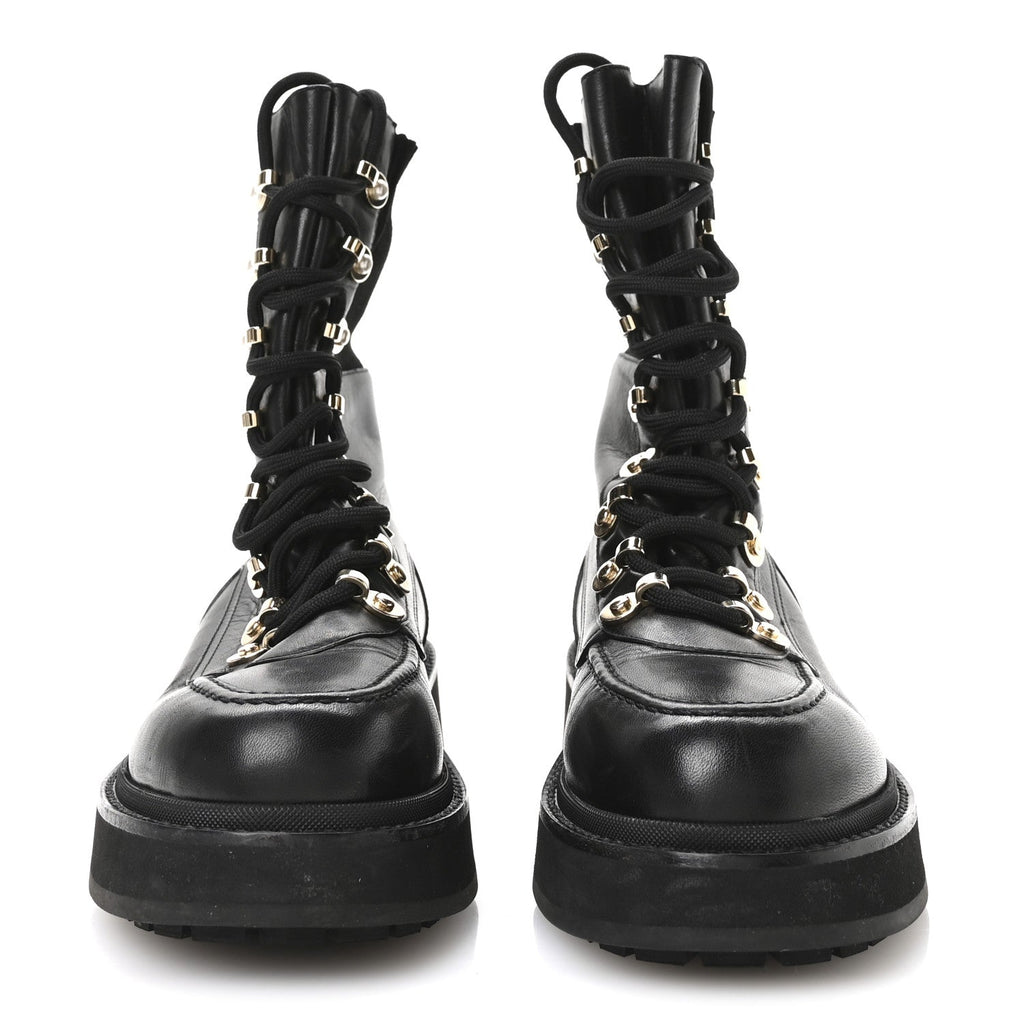 Calfskin Knit Lace Up Combat Boots 37.5 Black