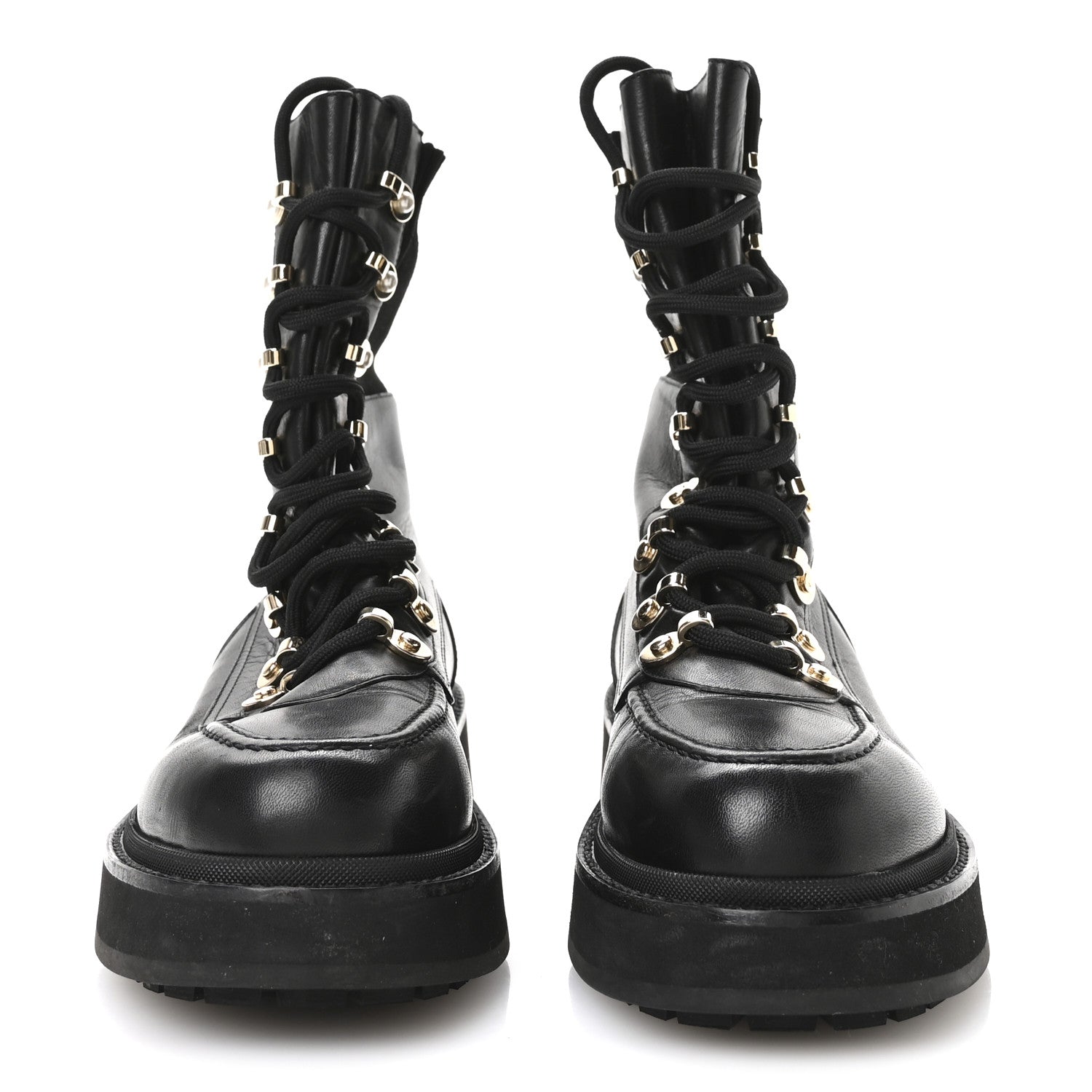 Calfskin Knit Lace Up Combat Boots 37.5 Black