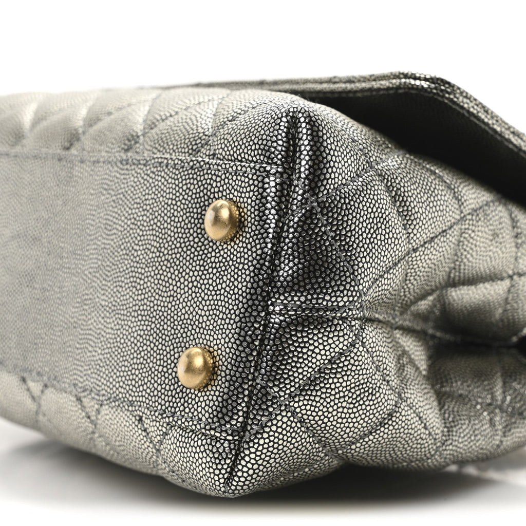 Metallic Caviar Quilted Mini Coco Handle Flap Silver