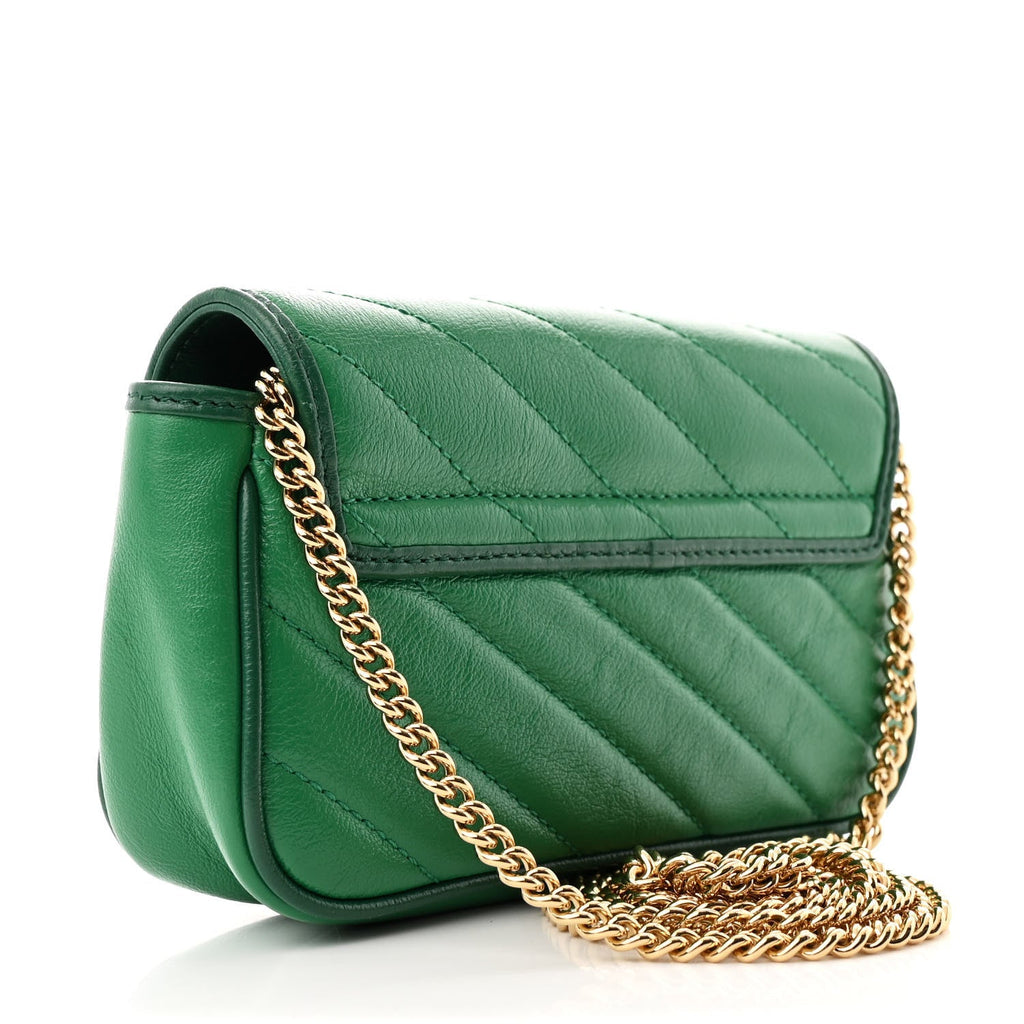 Azalea Calfskin Enamel Matelasse Diagonal Super Mini Torchon GG Marmont Shoulder Bag New Shamarock Emerald
