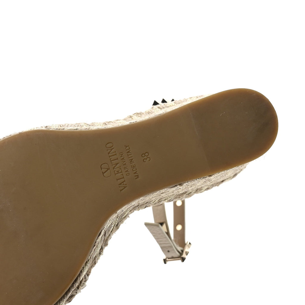 Grained Calfskin Rockstud Ankle Strap Espadrille 15/105mm Wedge Sandals 38 Light Ivory Natural