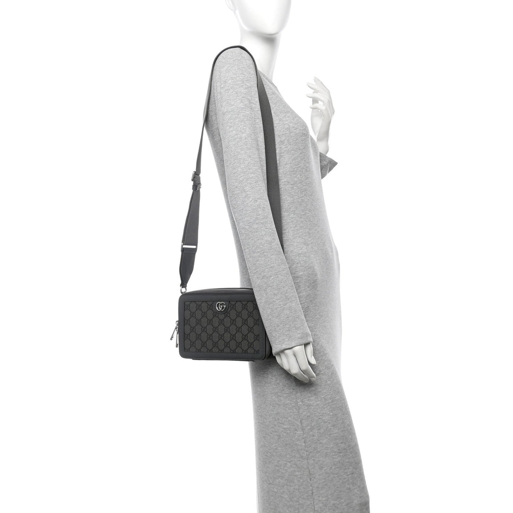 GG Supreme Monogram Textured Dollar Calfskin Small Ophidia Top Handle Shoulder Grey Black Graphite Grey