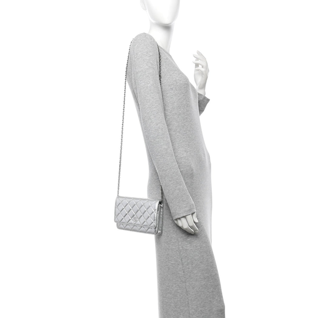 Metallic Lambskin Quilted Wallet On Chain WOC Silver