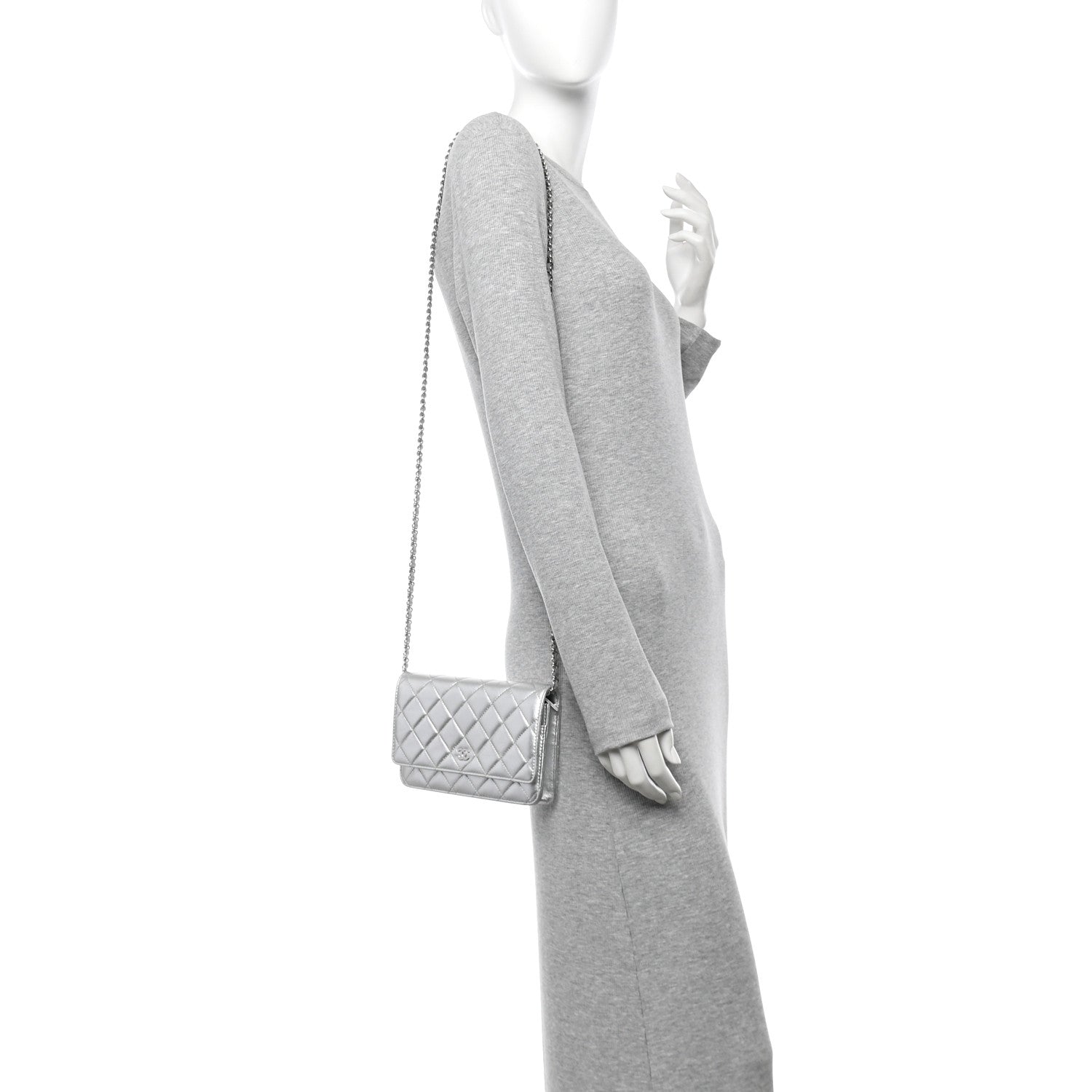 Metallic Lambskin Quilted Wallet On Chain WOC Silver