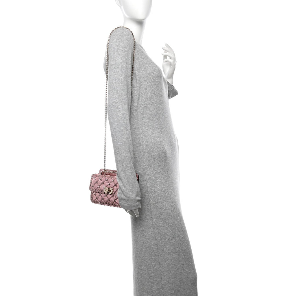 Metallic Wrinkled Lambskin Small Rockstud Spike Shoulder Bag Lipstick