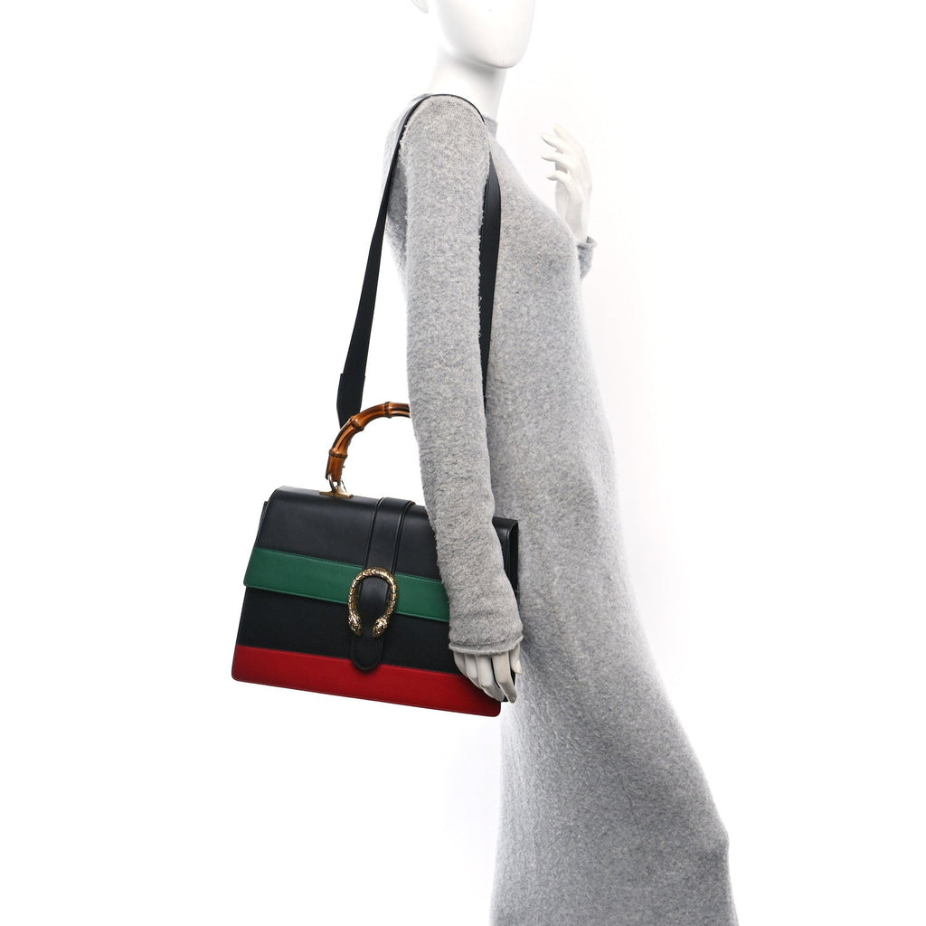 Calfskin Bamboo Web Large Dionysus Top Handle Bag Black Bright Evergreen Hibiscus Red