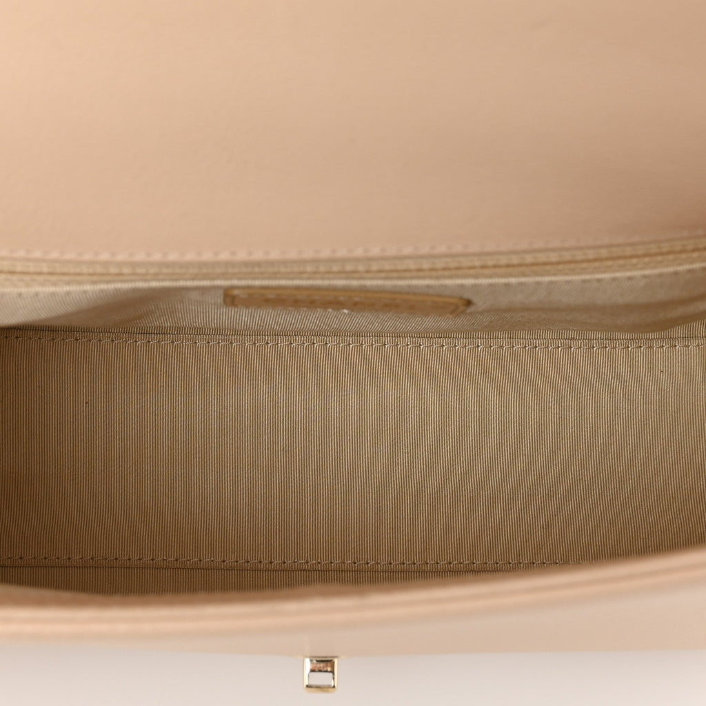 Grained Calfskin Quilted Medium Label Click Flap Bag Beige