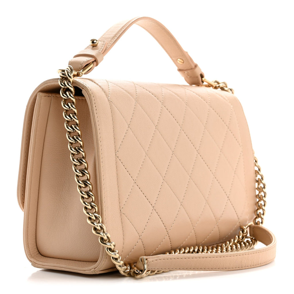 Grained Calfskin Quilted Medium Label Click Flap Bag Beige