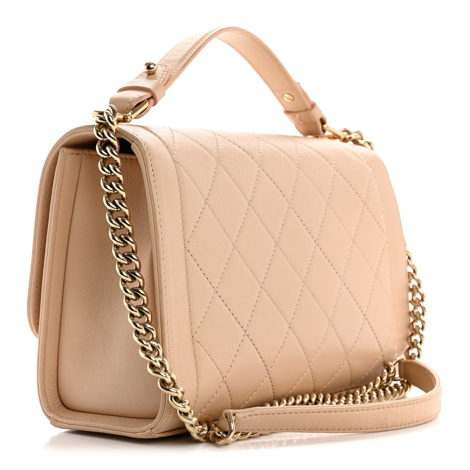 Grained Calfskin Quilted Medium Label Click Flap Bag Beige