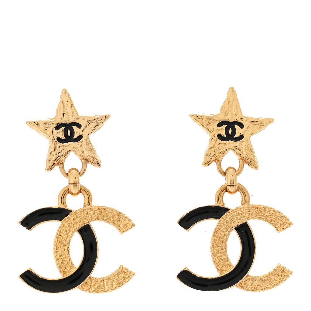 Metal Enamel CC Star Drop Earrings Gold Black