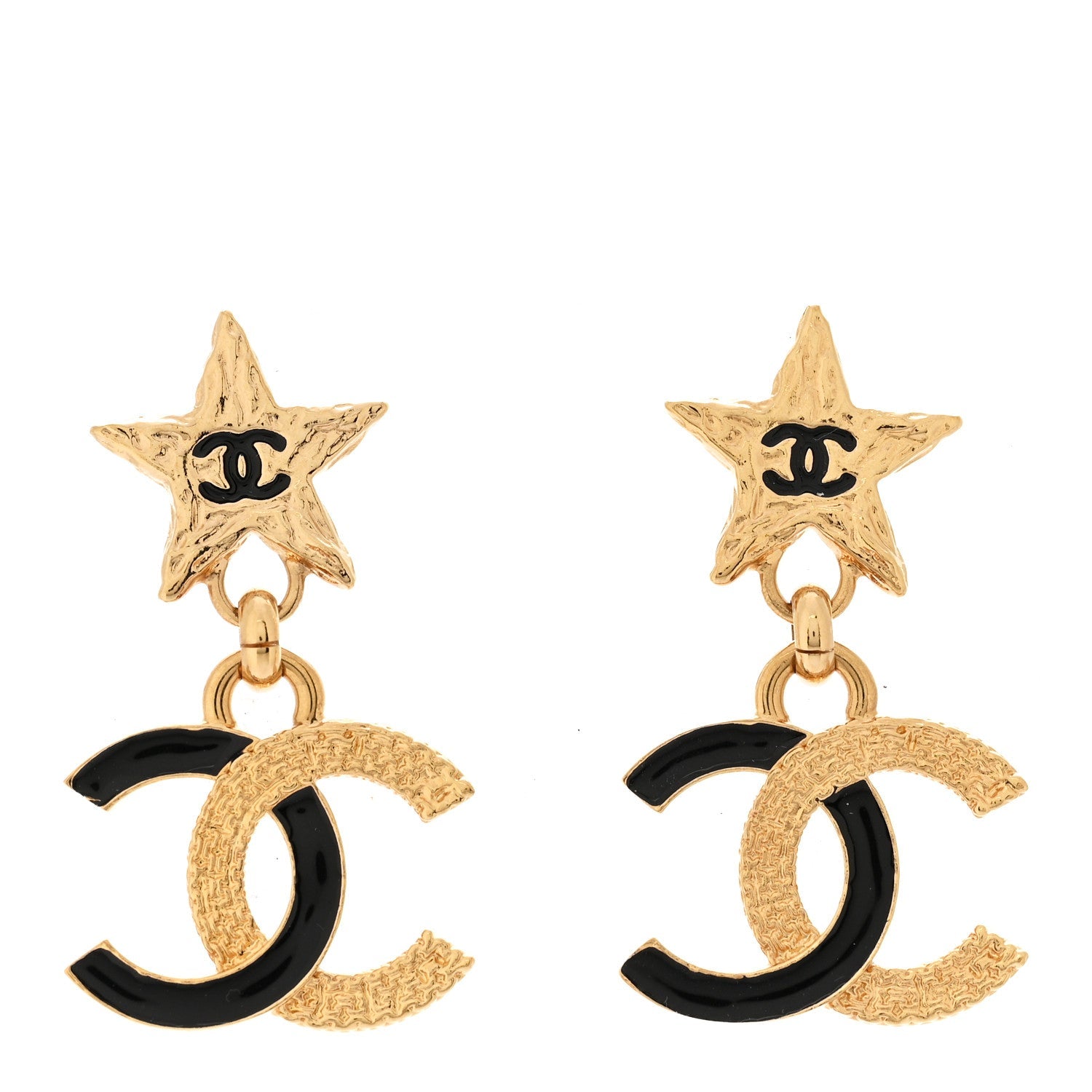 Metal Enamel CC Star Drop Earrings Gold Black
