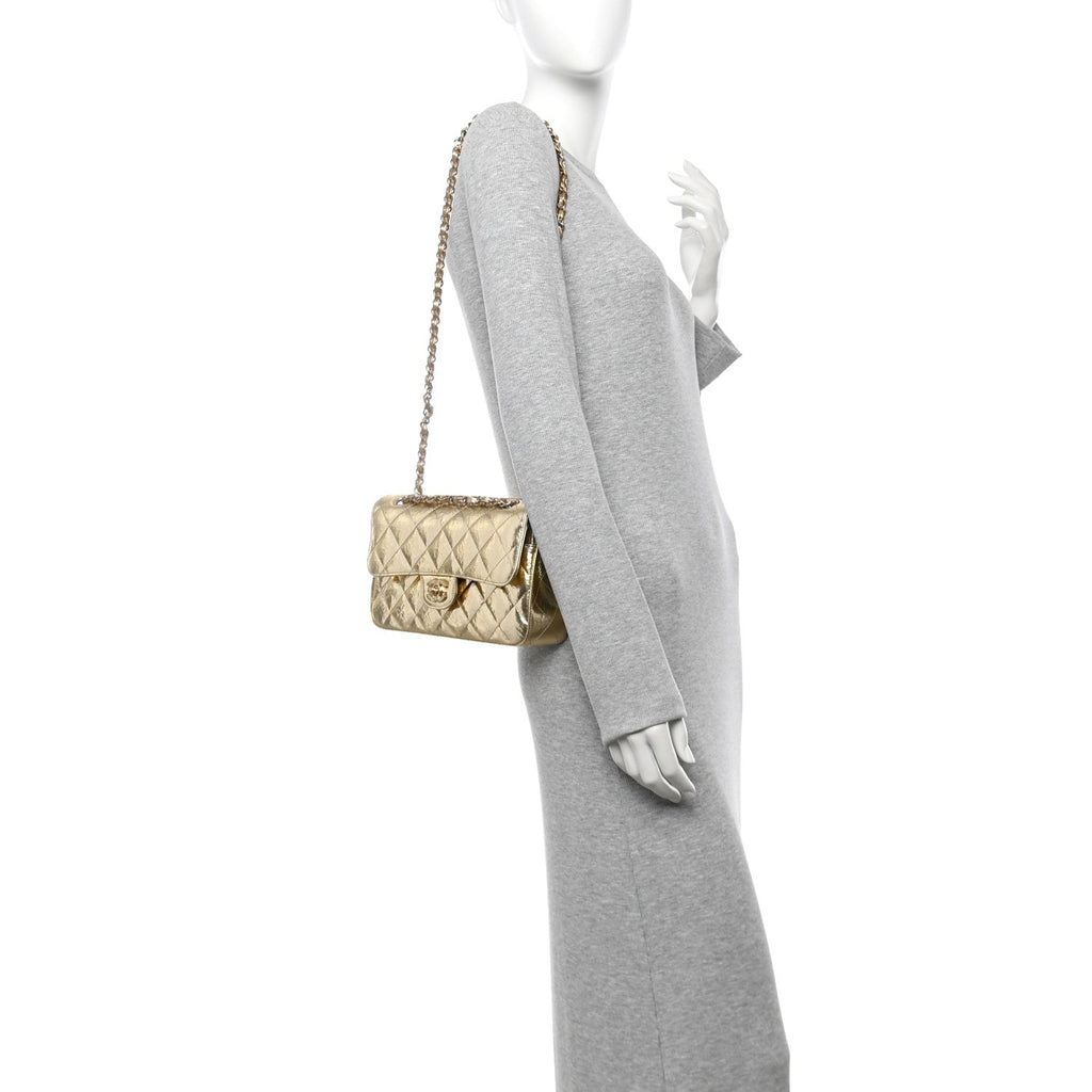 Hammered Metallic Calfskin Quilted Small Double Flap Gold