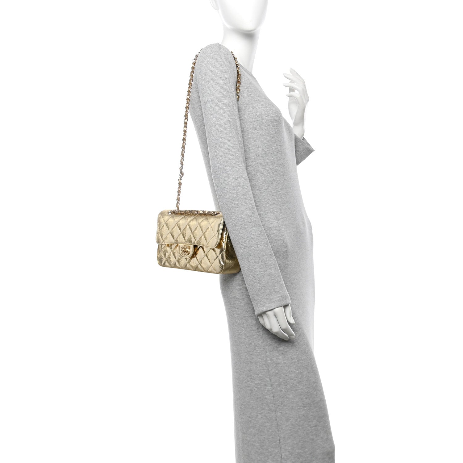 Hammered Metallic Calfskin Quilted Small Double Flap Gold