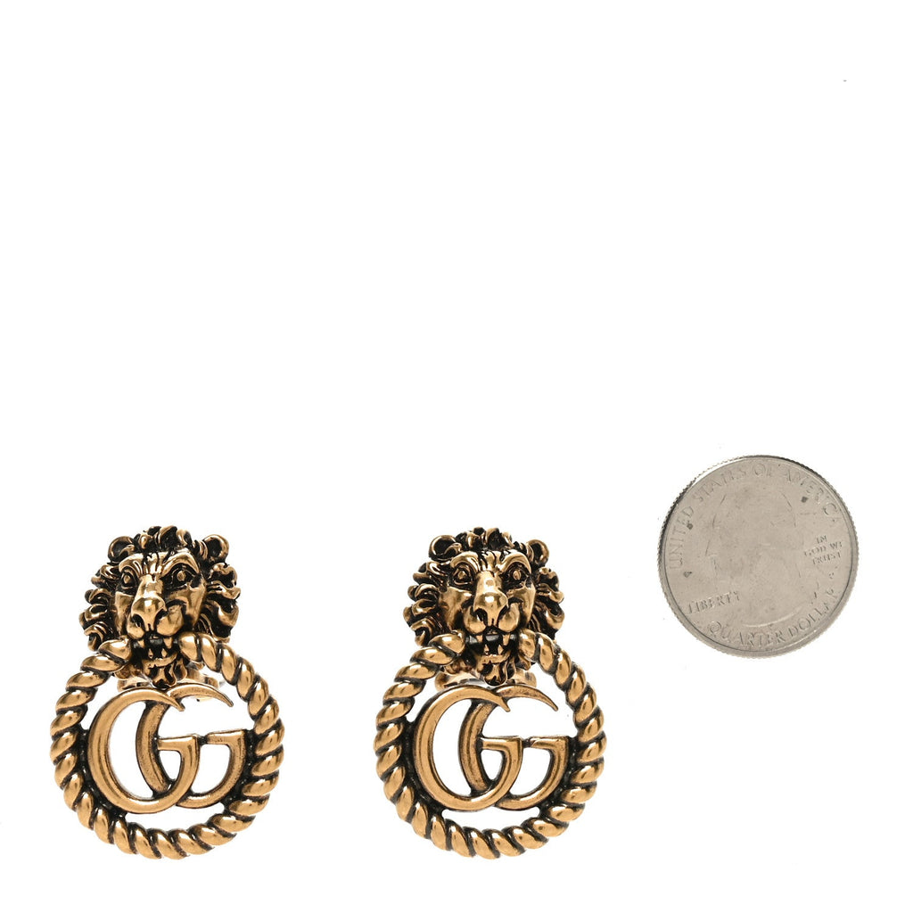 Metal Double G Lion Head Clip On Earrings Aged Gold