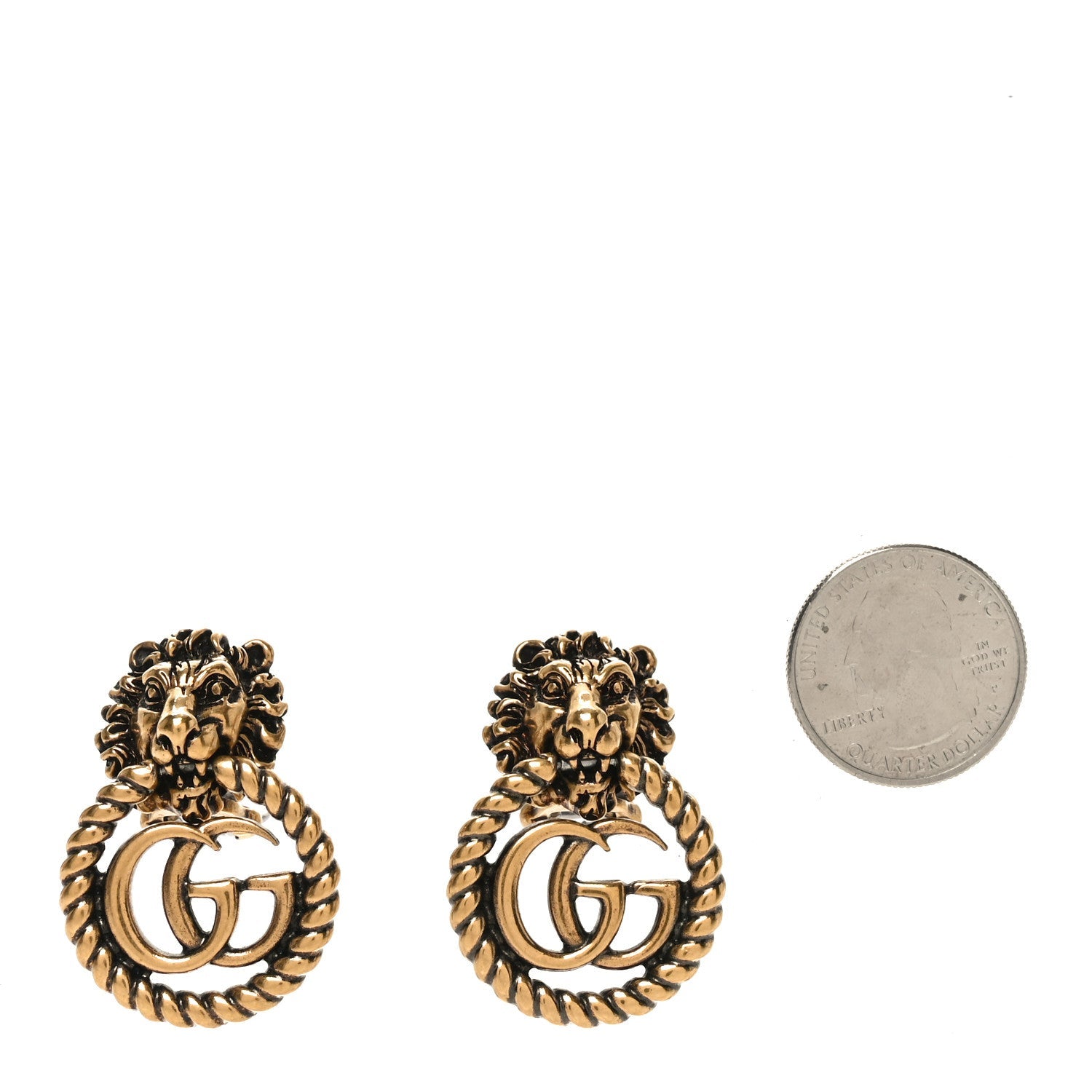 Metal Double G Lion Head Clip On Earrings Aged Gold