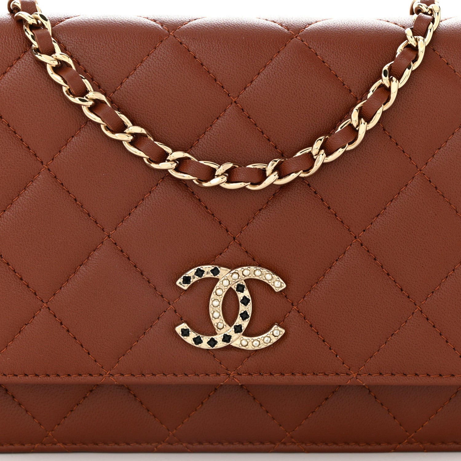 Lambskin Quilted Crystal Pearl CC Wallet On Chain WOC  Brown