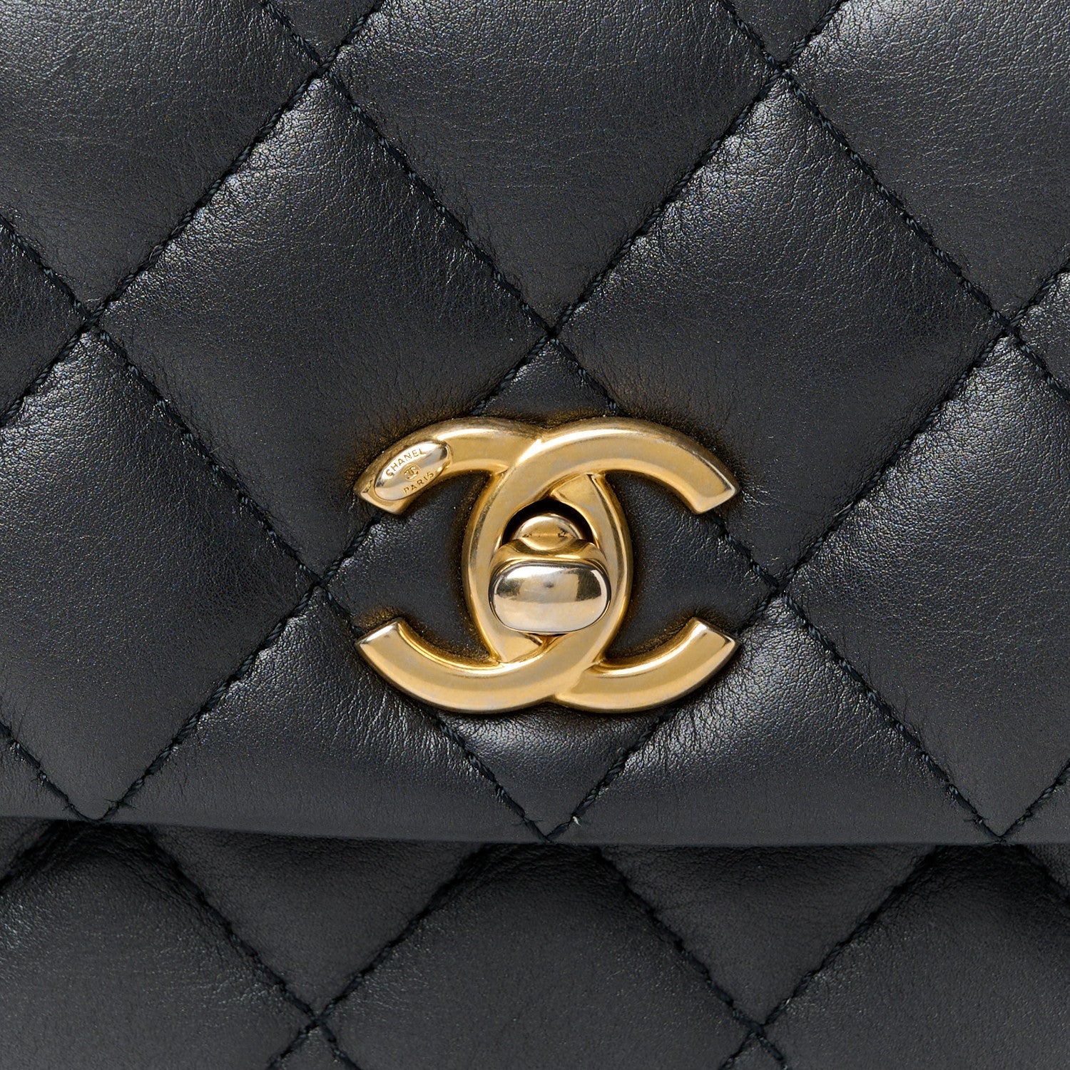 Calfskin Quilted Top Handle Flap Black