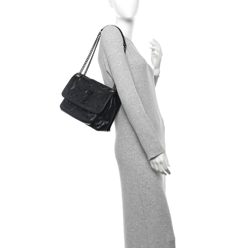 Crinkled Calfskin Matelasse Monogram Medium Niki Chain Satchel Black