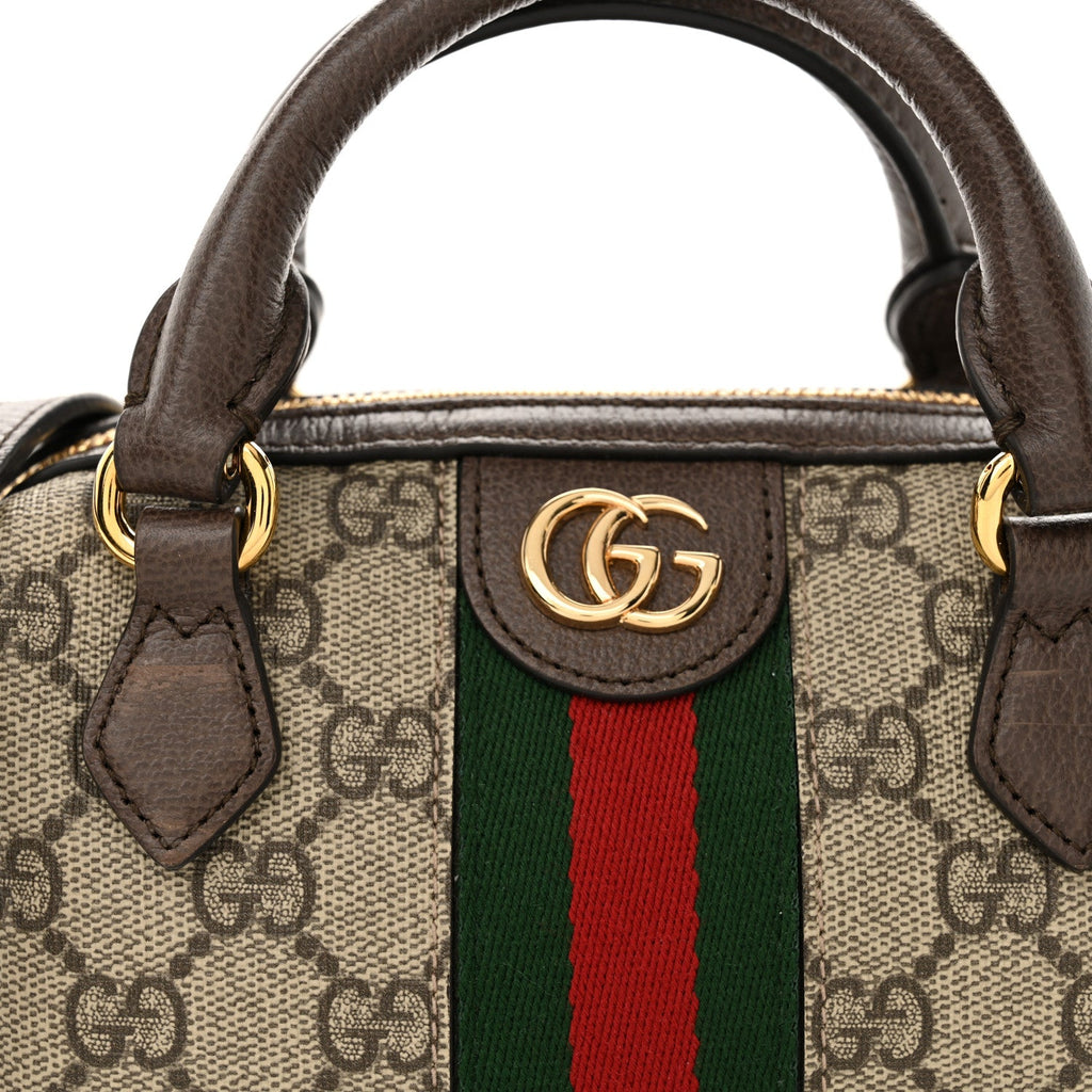 GG Supreme Monogram Textured Dollar Calfskin Web Super Mini Ophidia Top Handle Bowler Bag Beige Ebony New Acero