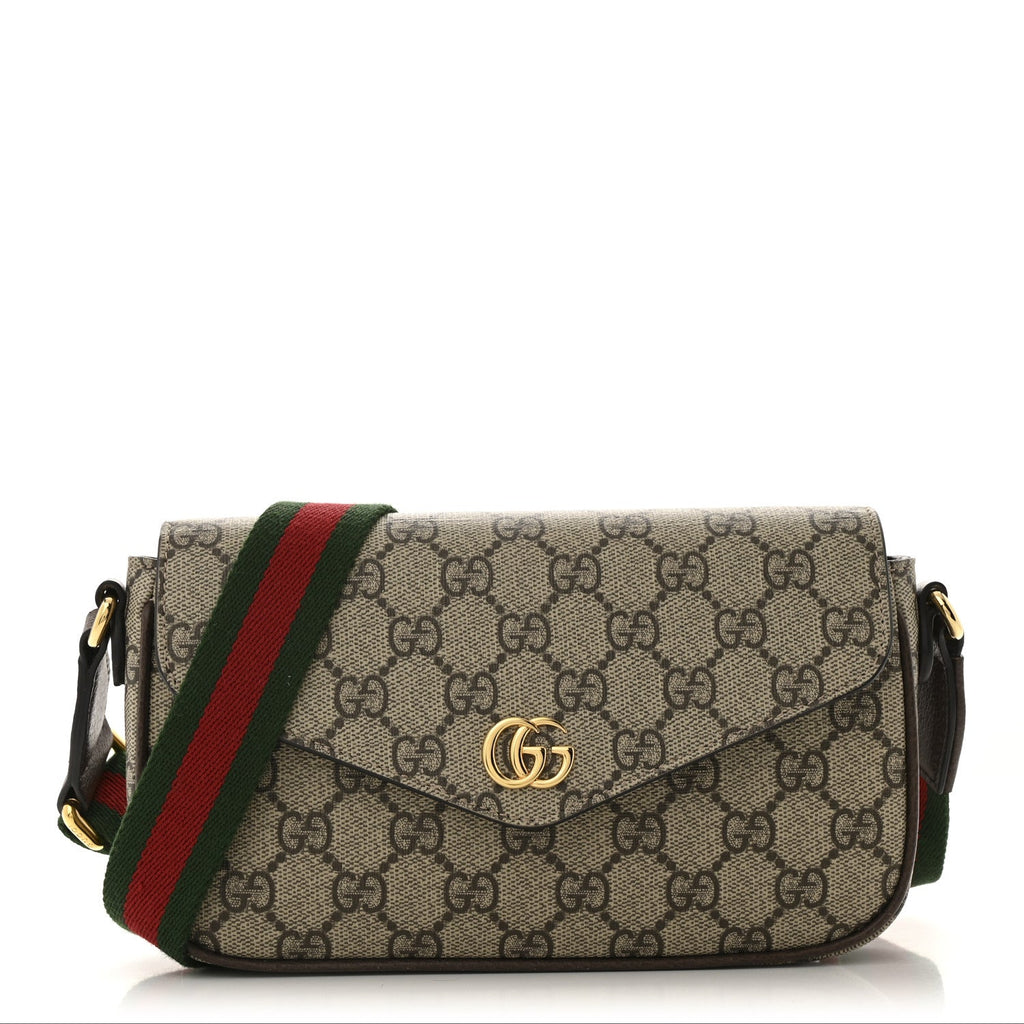 GG Supreme Monogram Textured Dollar Calfskin Web Mini Ophidia Envelope Shoulder Bag Beige Ebony