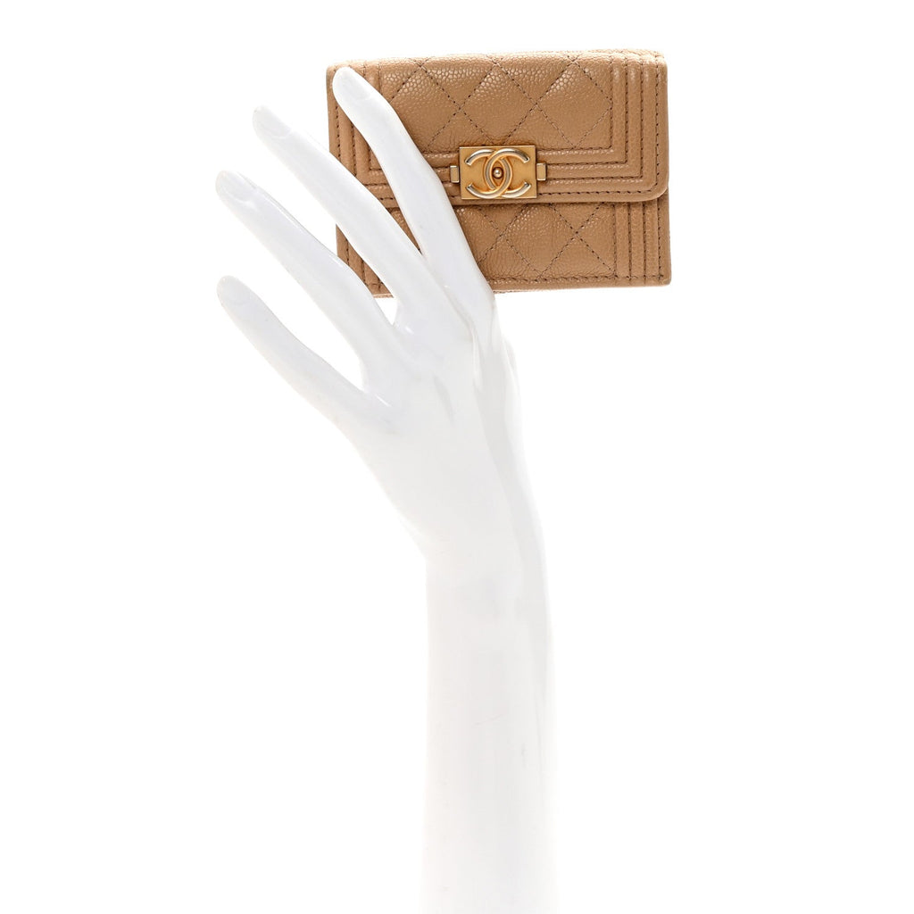 Caviar Quilted Small Boy Flap Wallet Beige