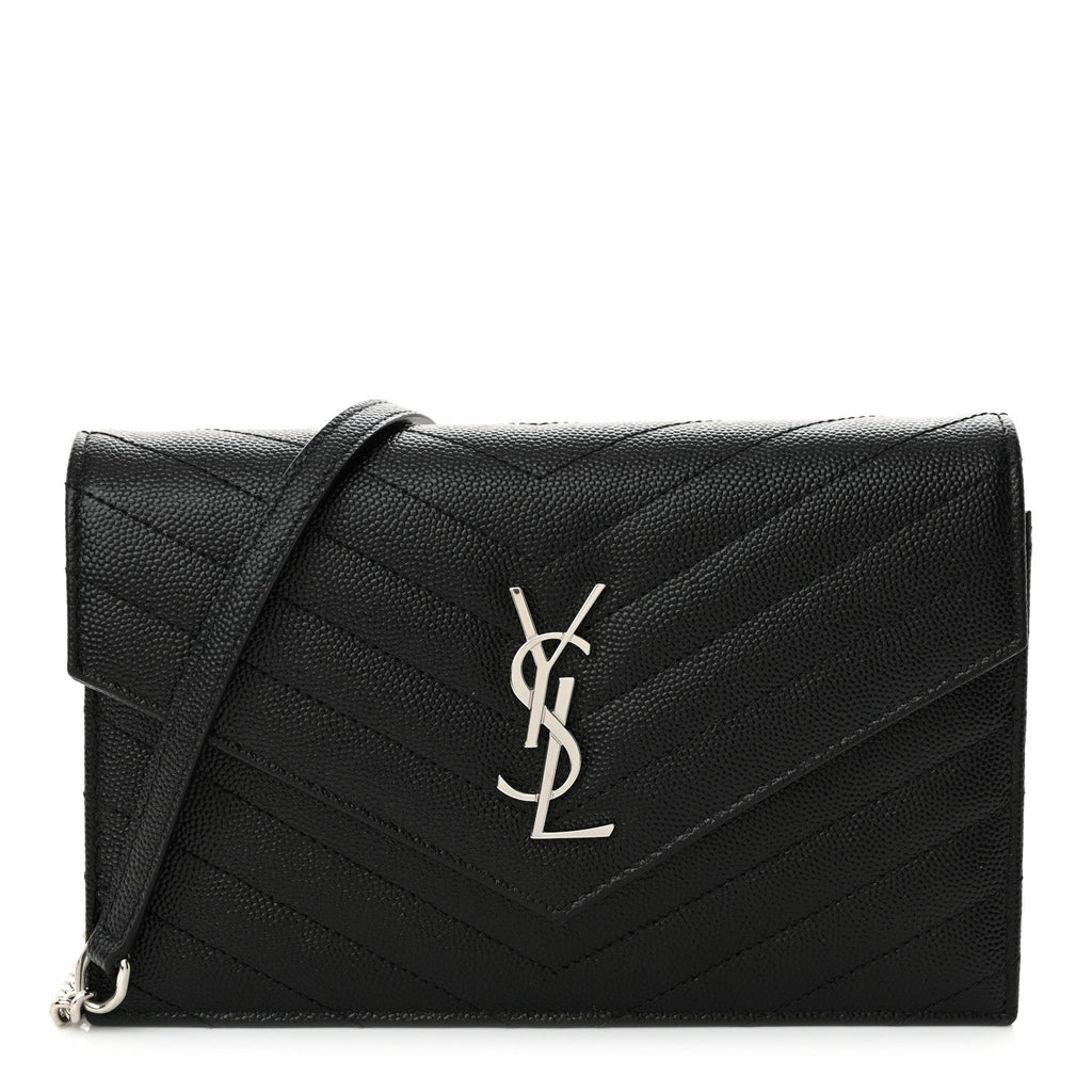Grain De Poudre Matelasse Chevron Monogram Envelope Chain Wallet Black