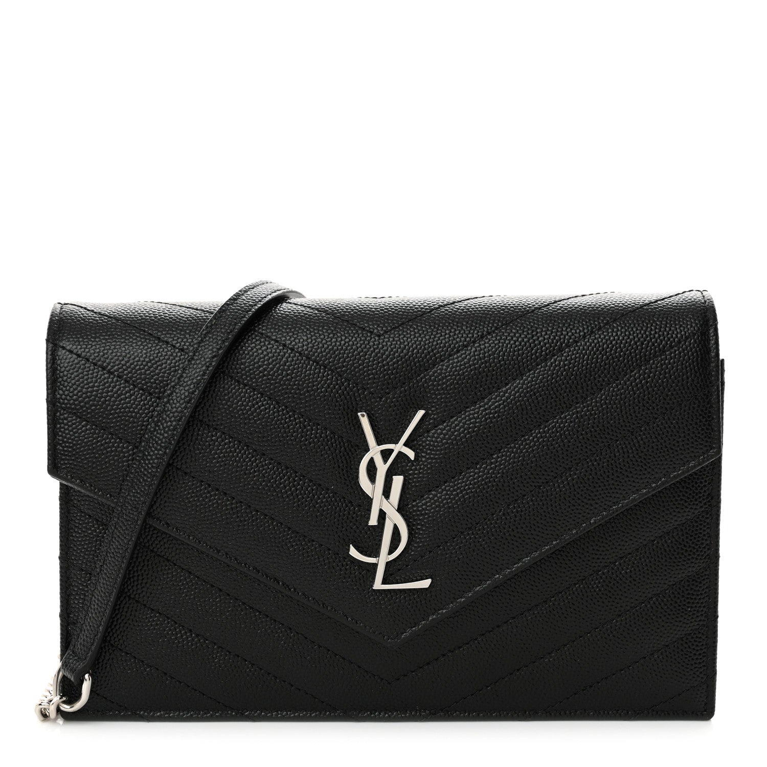 Grain De Poudre Matelasse Chevron Monogram Envelope Chain Wallet Black