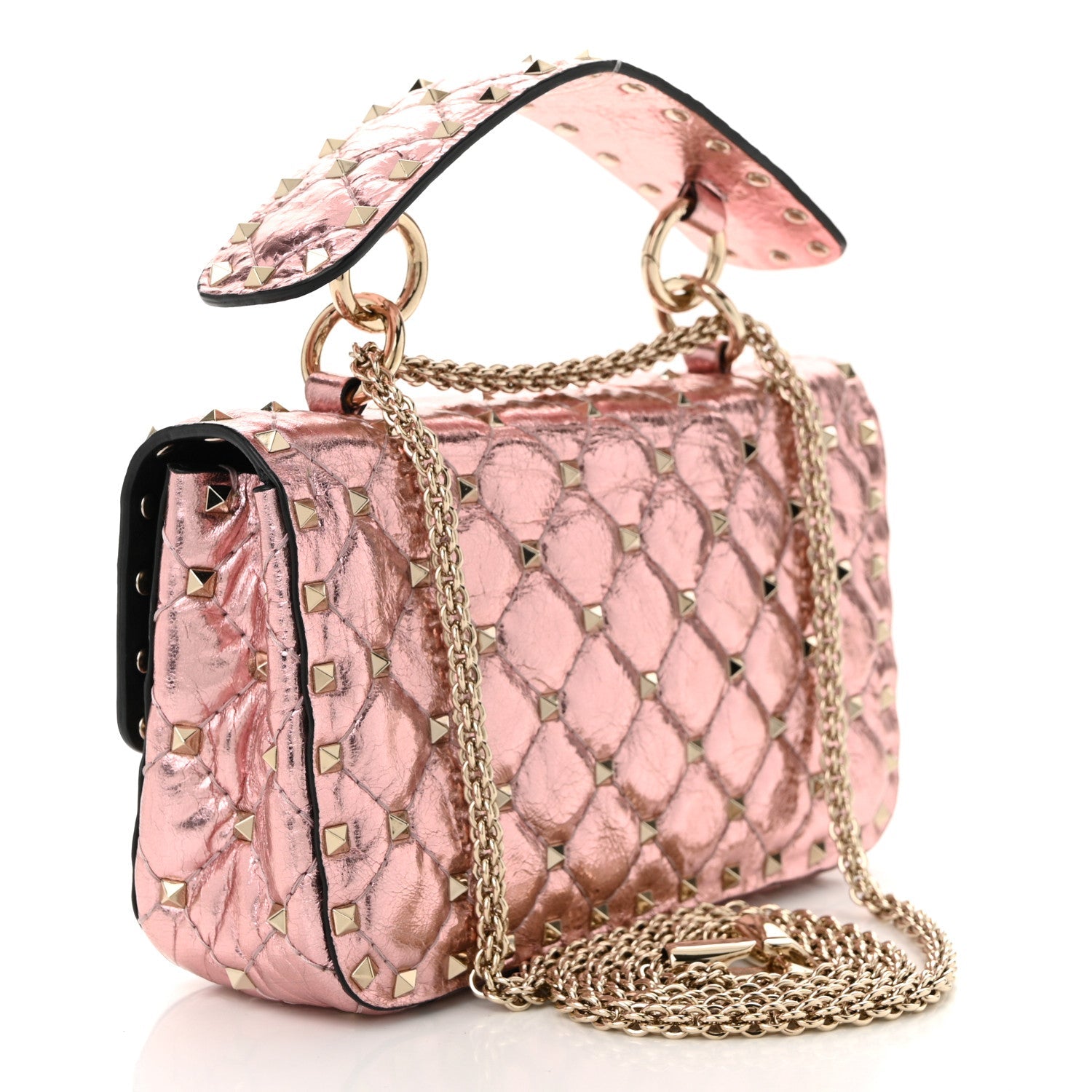 Metallic Wrinkled Lambskin Small Rockstud Spike Shoulder Bag Lipstick