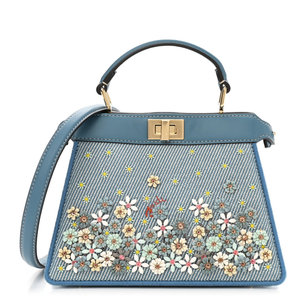 Denim Nappa Floral Embroidered Petite Peekaboo I SEE U Satchel Blue
