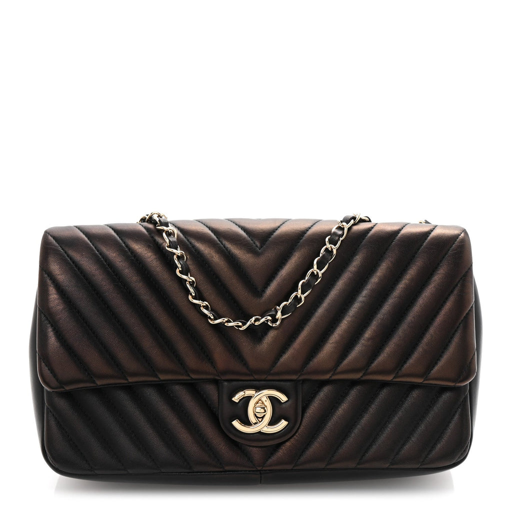 Iridescent Lambskin Surpique Chevron Medium Flap Black