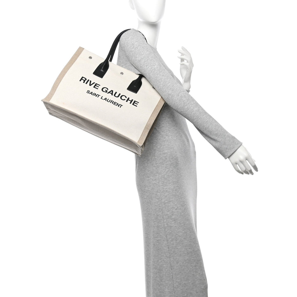 Linen Calfskin Small Rive Gauche Tote Greggio Natural