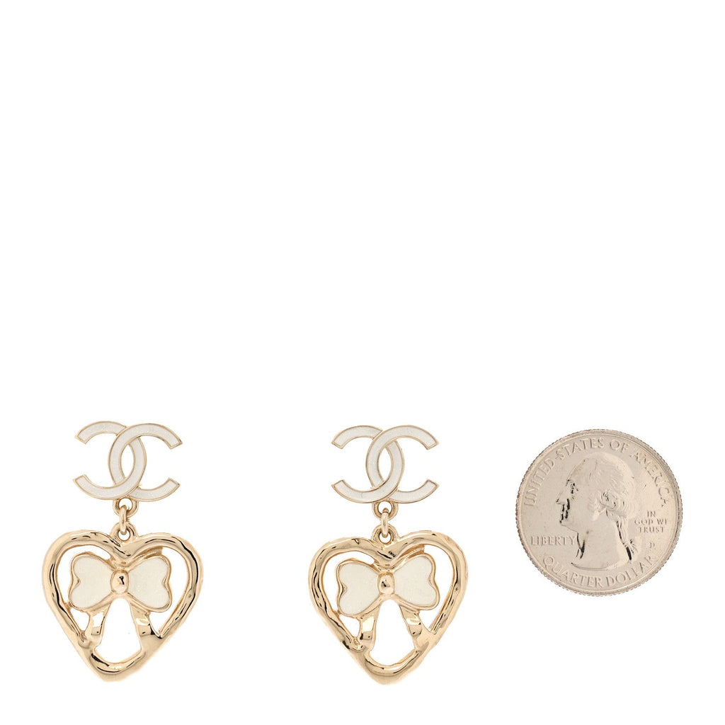 Metal Enamel CC Heart Drop Earrings Gold