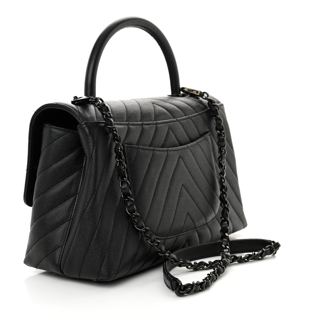 Caviar Chevron Quilted Small Coco Handle Flap So Black