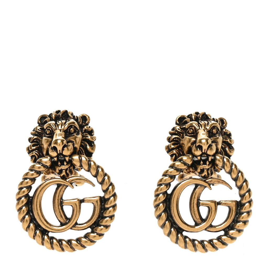Metal Double G Lion Head Clip On Earrings Aged Gold