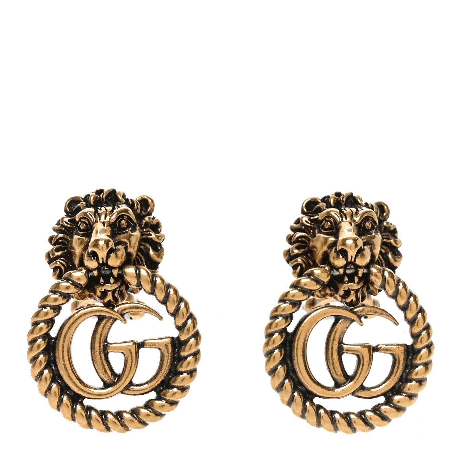 Metal Double G Lion Head Clip On Earrings Aged Gold