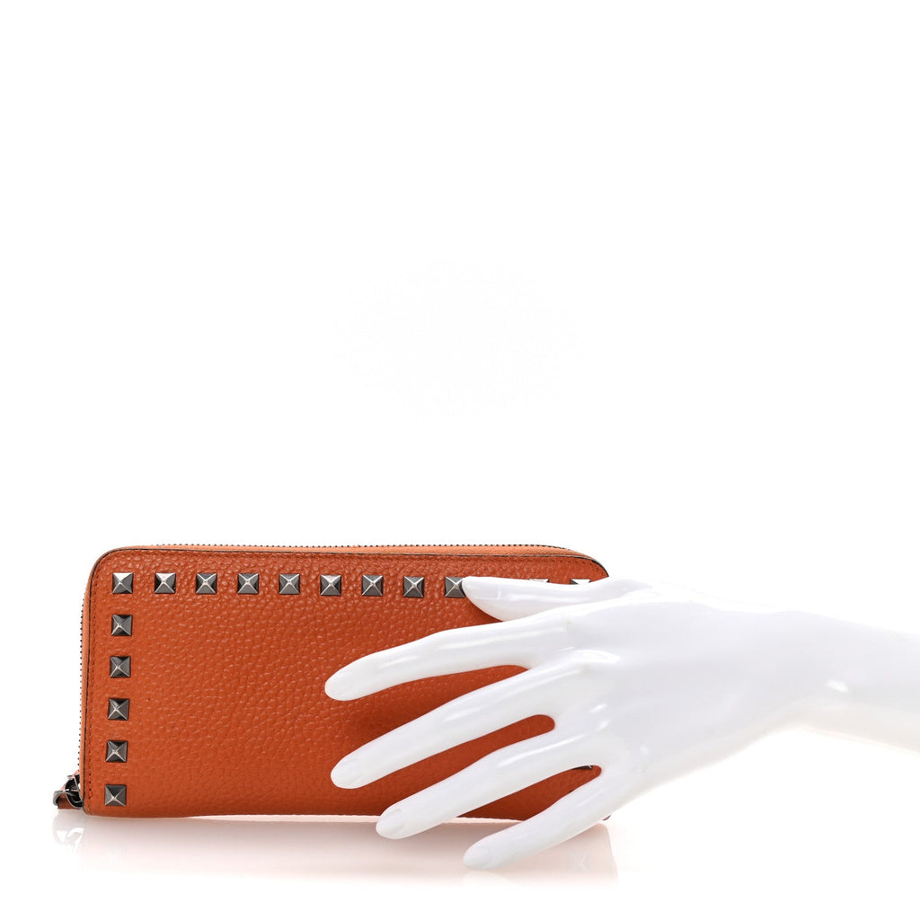 Grained Calfskin Rockstud Zip Around Wallet Orange