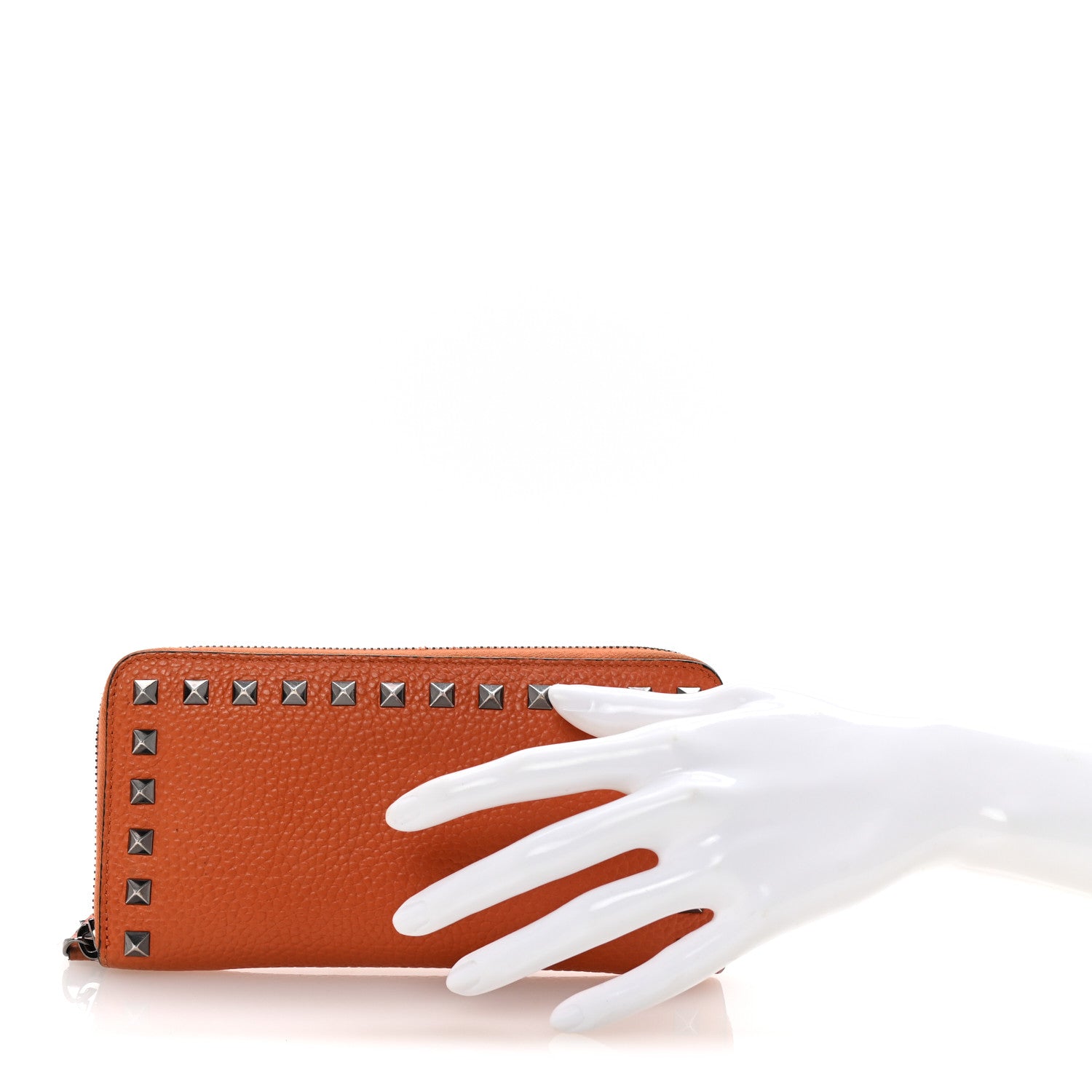 Grained Calfskin Rockstud Zip Around Wallet Orange