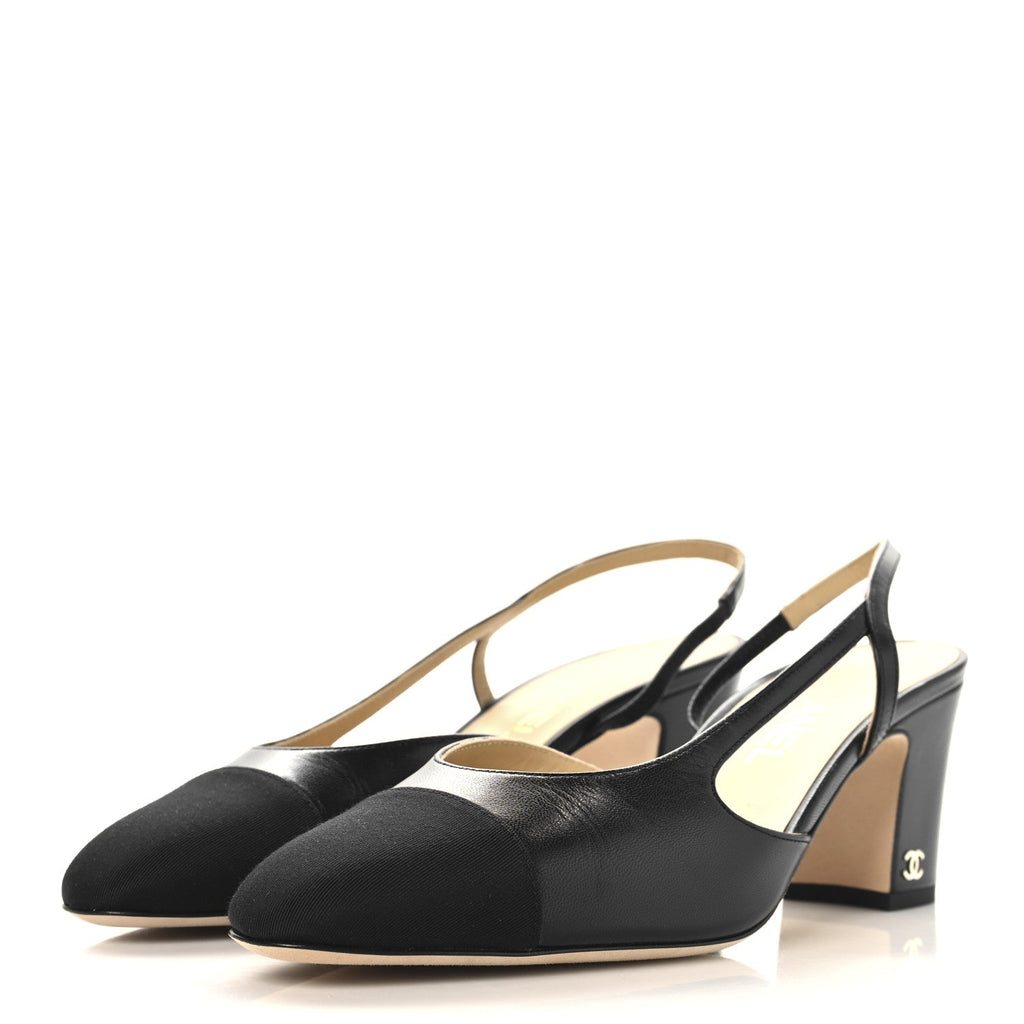 Goatskin Grosgrain Cap Toe CC Slingback Pumps 40.5 Black