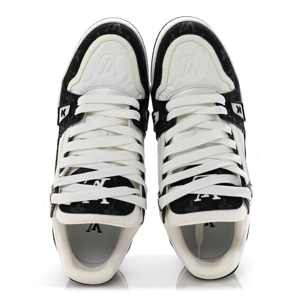 Calfskin Embossed Monogram Denim Mens LV Trainer Sneakers 9 Black