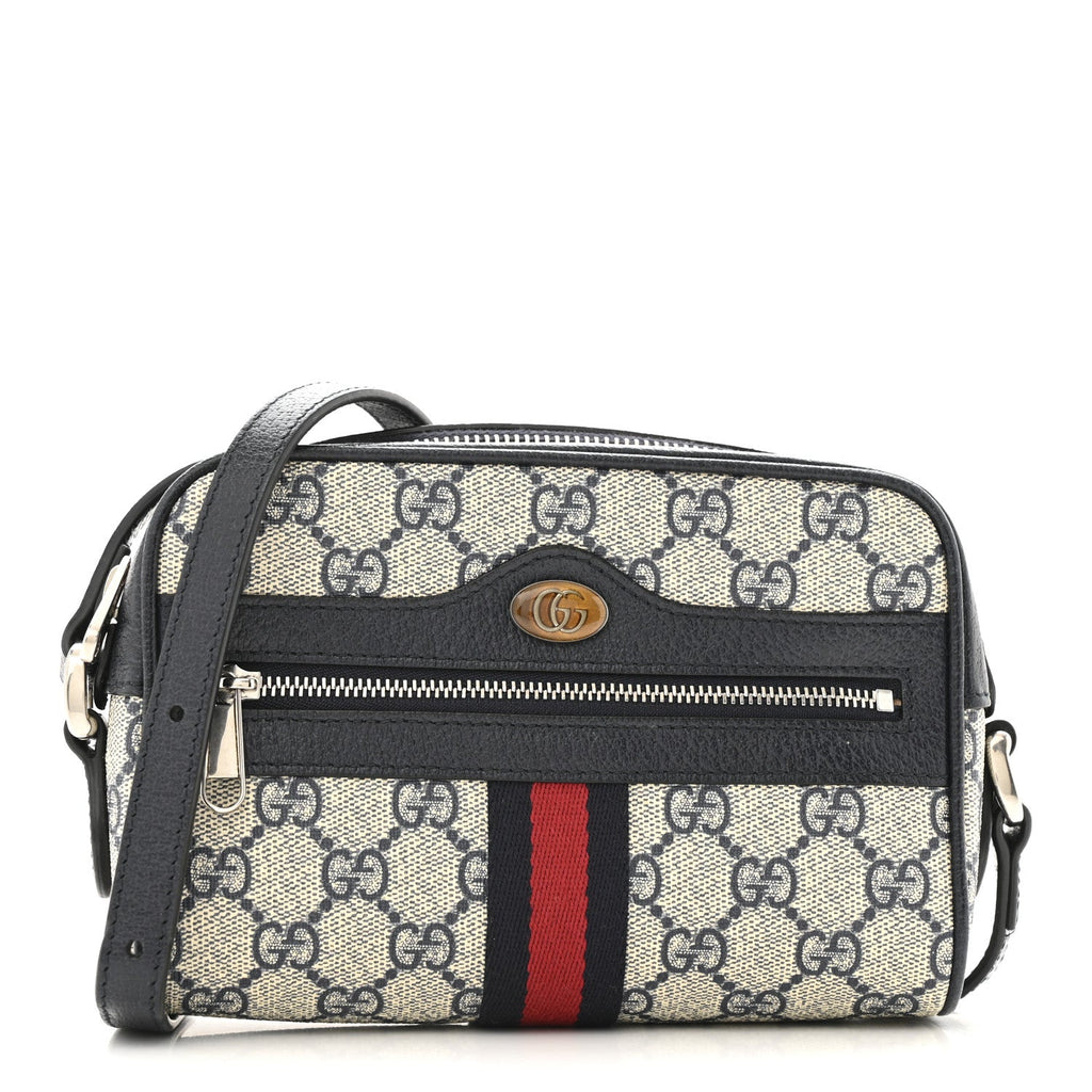 GG Supreme Monogram Textured Dollar Calfskin Web Mini Ophidia Shoulder Bag Beige Blue