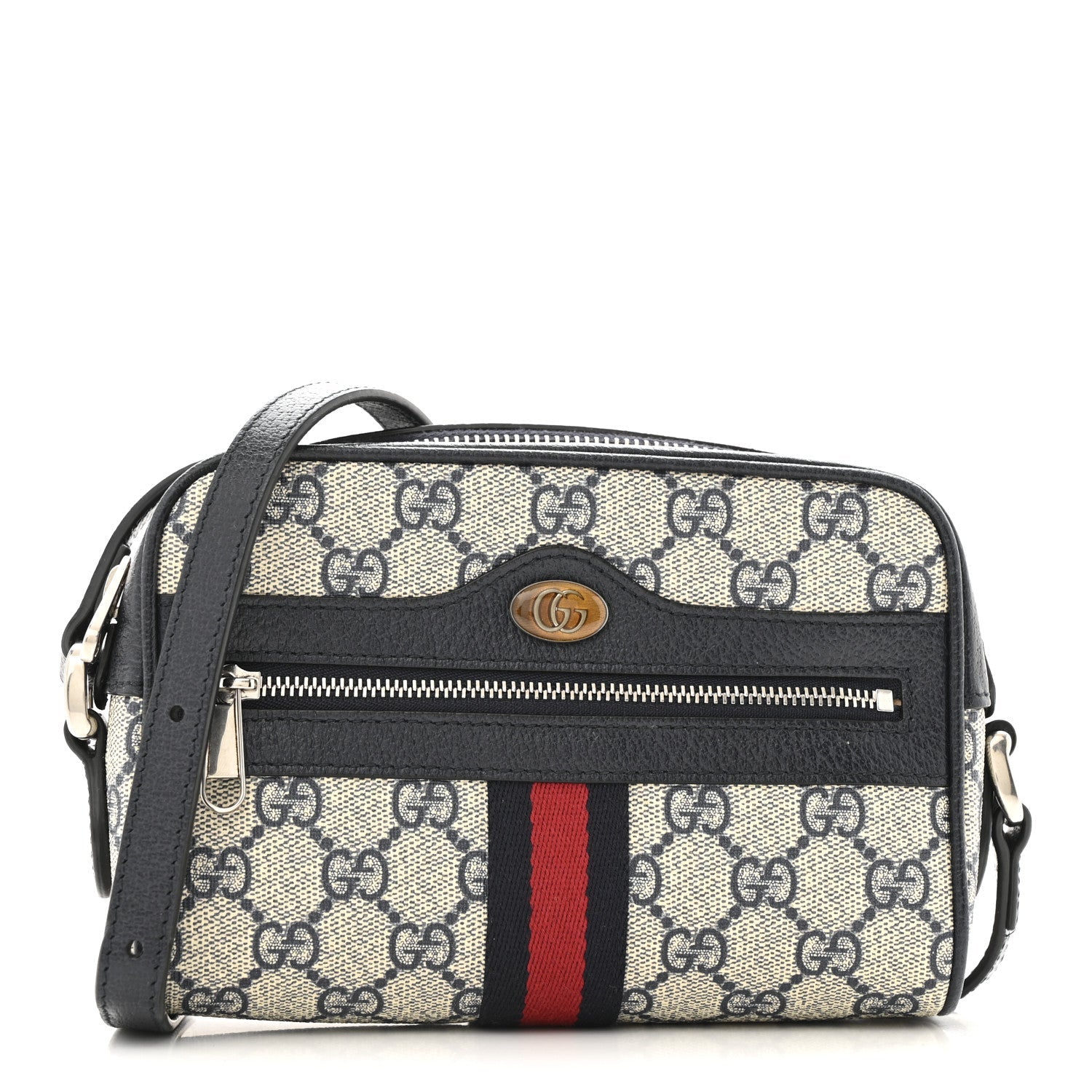 GG Supreme Monogram Textured Dollar Calfskin Web Mini Ophidia Shoulder Bag Beige Blue