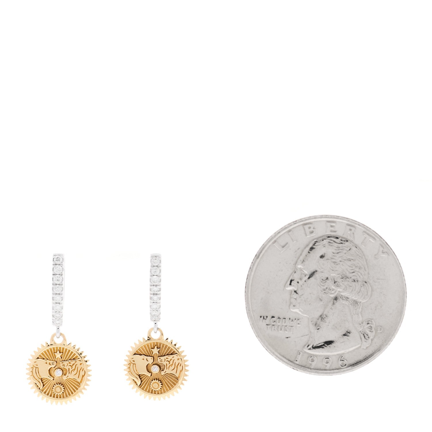 18K Yellow White Gold Diamond Strength Miniature Medallion Earrings