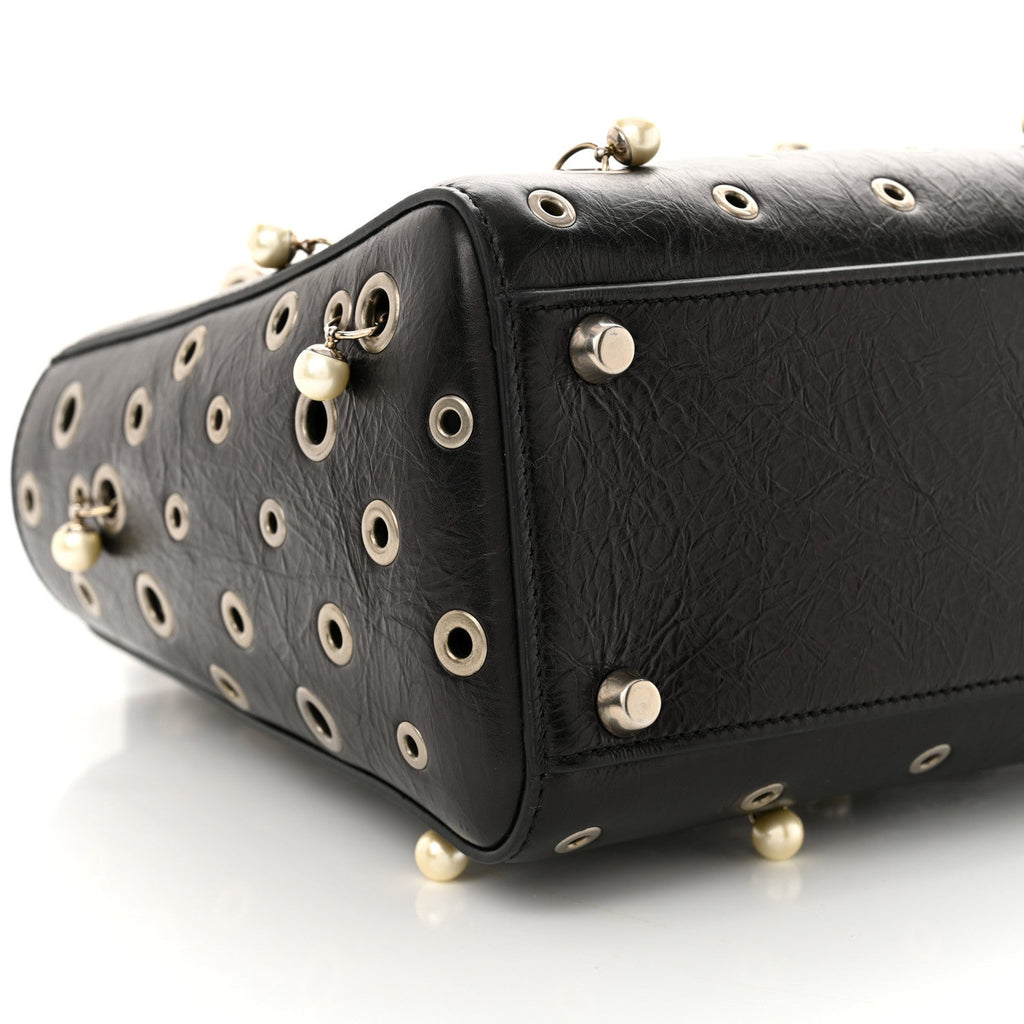 Crinkled Calfskin Studded Pearls Medium Lady Dior Black