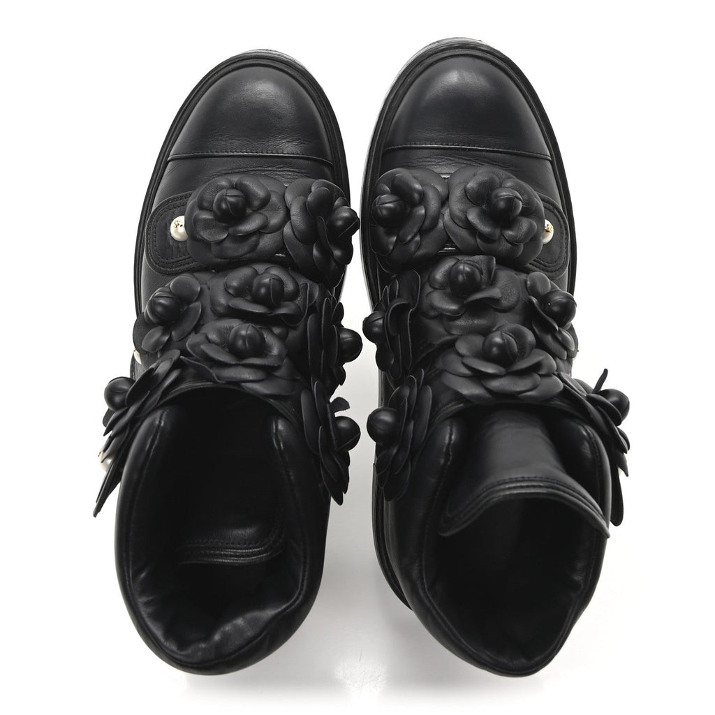 Calfskin Camellia High Top Sneakers 38.5 Navy