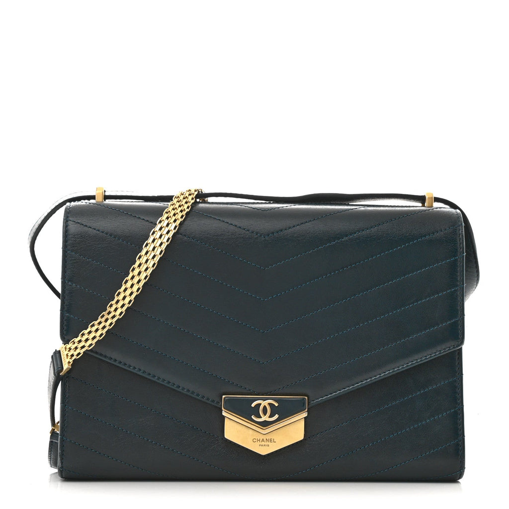 Calfskin Chevron Quilted Medal Flap Blue