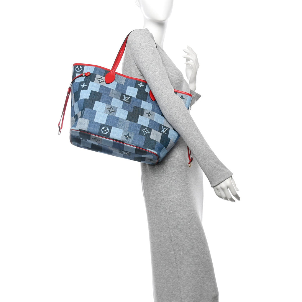 Denim Damier Monogram Patchwork Neverfull Blue Rouge