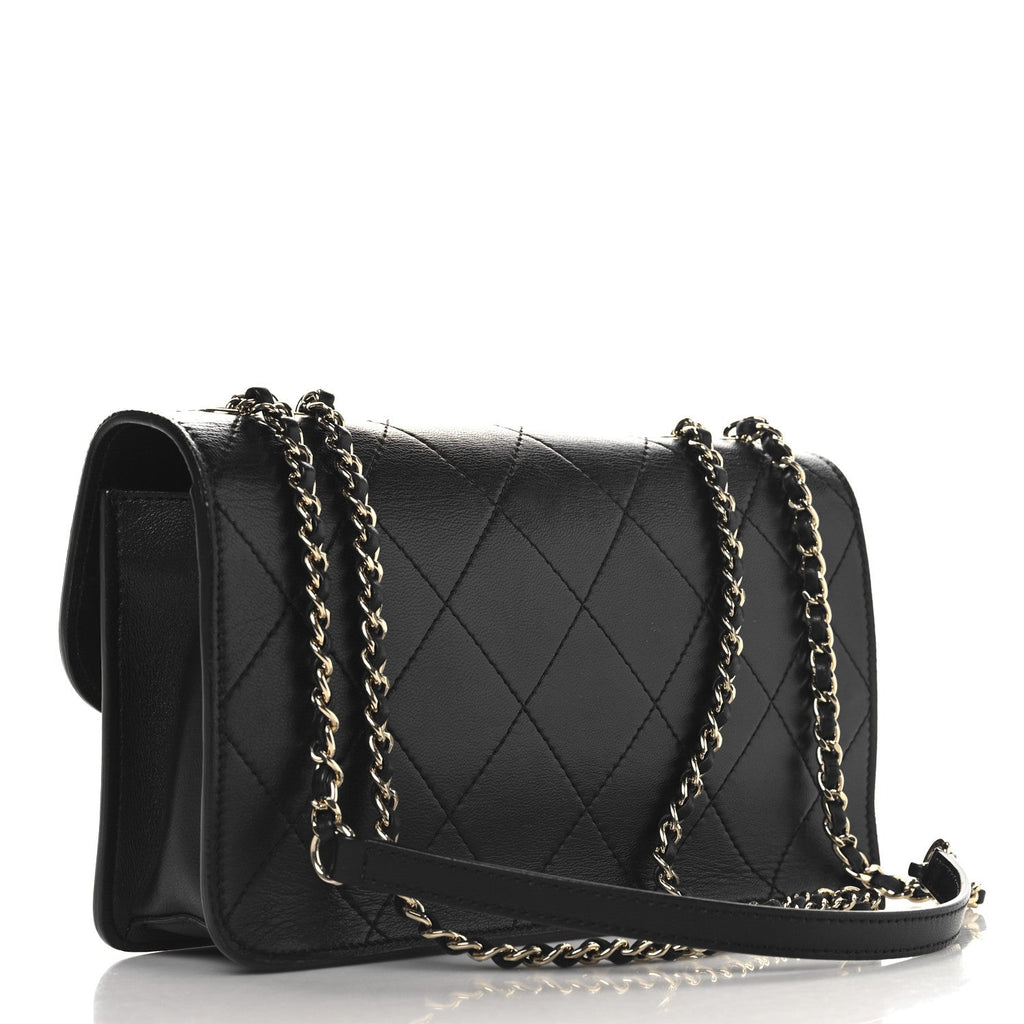 Lambskin Stitched Quilted Flap Black